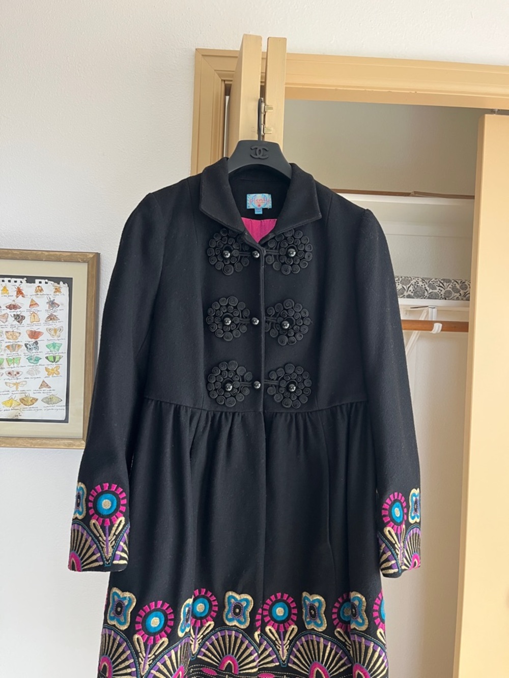 Tracy Reese Anthropologie Embroidered Black Swing Coat with Vibrant Hem